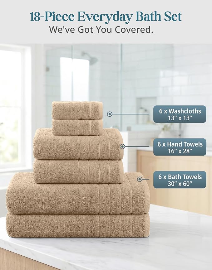 Casa Platino Large Bath Towel Set Absorbent Quick Dry 100% Cotton - Beige | Cotton Bath Towels - Fade-Resistant Color, Classic Terry Weave, Densely Woven, Coordinated Colors, Dobby Border Accent