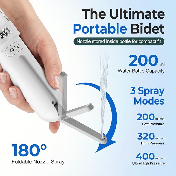 Electric Portable Bidet, Rechargeable Travel Bidet | 3 Pressure Modes, 260 Uses/Charge, Waterproof, Personal Hygiene Cleaning at Home Office and Camping