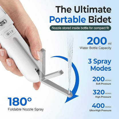 Electric Portable Bidet, Rechargeable Travel Bidet | 3 Pressure Modes, 260 Uses/Charge, Waterproof, Personal Hygiene Cleaning at Home Office and Camping
