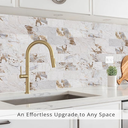 StyloVue 100 Pieces Peel and Stick Backsplash for Kitchen, 3" x 6" PVC Subway Tile, 2026 Upgraded Ivory Calacatta Marble Look with Gold Veining, Glossy Finish, Stick on Tile for Kitchen, Fireplace, RV