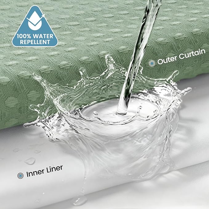 Heavyweight Waffle No Hook Shower Curtain with Liner, 71x74, Sage Green | Snap in Liner, 256GSM, Thick, Hotel Luxury Spa, Waterproof Fabric, Corner Magnets, 3 in 1 Set, Washable, Hang in Seconds