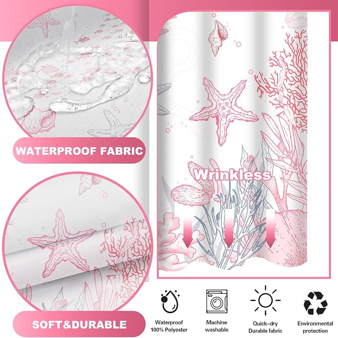 No Hook Shower Curtain and Liner Set, Pink Beach Coastal 71x84 | Nautical Ocean for Bathroom, with Snap in Liner Replacement, Mesh Top Window, Waterproof, Machine Washable, Quick-Drying