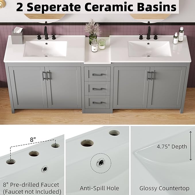 Merax 84 Inch Double Sink Bathroom Vanity with Quartz Countertop & Ceramic Basins, Bathroom Sink Vanity with Large Storage, Adjustable Shelves, 3 Drawers, Soft Close Hinges, Silver Handles, Grey