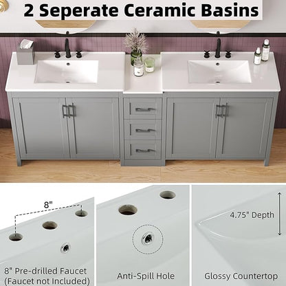 Merax 84 Inch Double Sink Bathroom Vanity with Quartz Countertop & Ceramic Basins, Bathroom Sink Vanity with Large Storage, Adjustable Shelves, 3 Drawers, Soft Close Hinges, Silver Handles, Grey