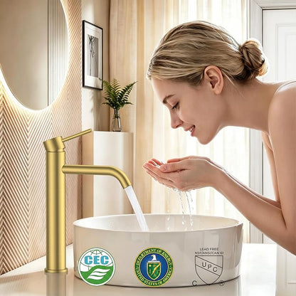 FORIOUS Vessel Tall Bathroom Faucet 1 Hole Brushed Gold Single Handle | for 1 Hole Vessel Sink Only, Single Handle Faucet with Pop up Drain, for Basin Bowl Vanity Lavatory Residential/Commercial