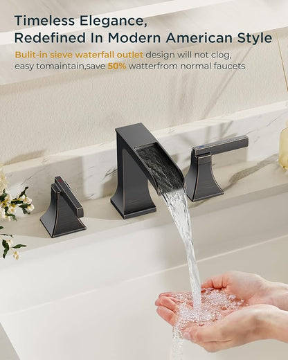 FORIOUS Antique Brass Waterfall Bathroom Faucets 3 Hole, 2 Handle Oil Rubbed Bronze Bathroom Sink Faucet Widespread with Metal Pop-up Drain and CUPC Supply Lines, for 4-16” Centerset Sink