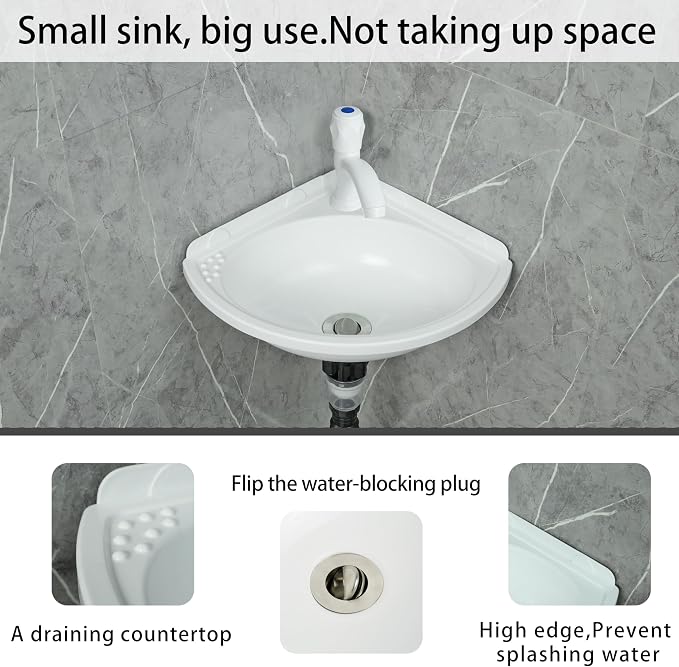 Small Bathroom Sink Wall Mount Bathroom Corner Sink, Triangular wash basin No-Drill Installation Self-Adhesive 12 x 12 Inch with 1.26 Inch Faucet Hole, Mini Rv sink Plastic Sink for Home, Dorm, Garage