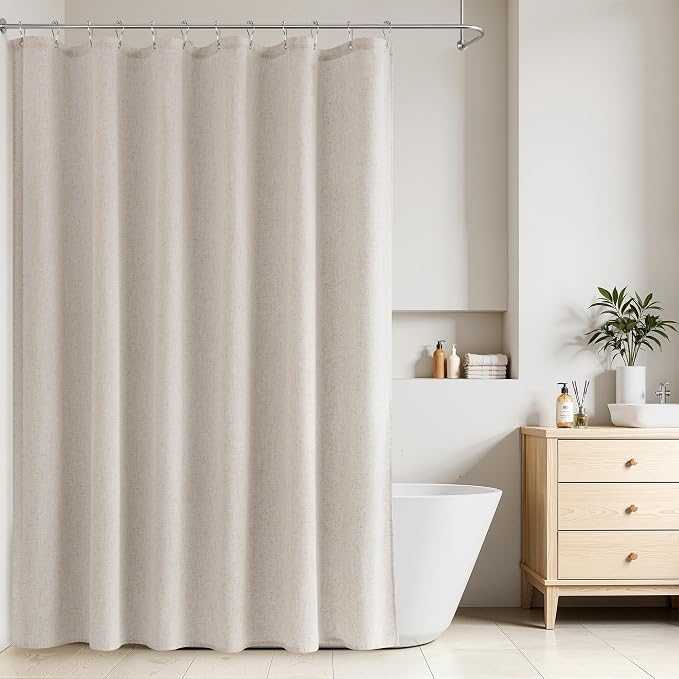 Linen Shower Curtain 80 Inch Long for Bathroom Boho Farmhouse Fabric Shower Curtains Set with Hooks Neutral Cloth Modern Cottage Core Waterproof,Mousse White