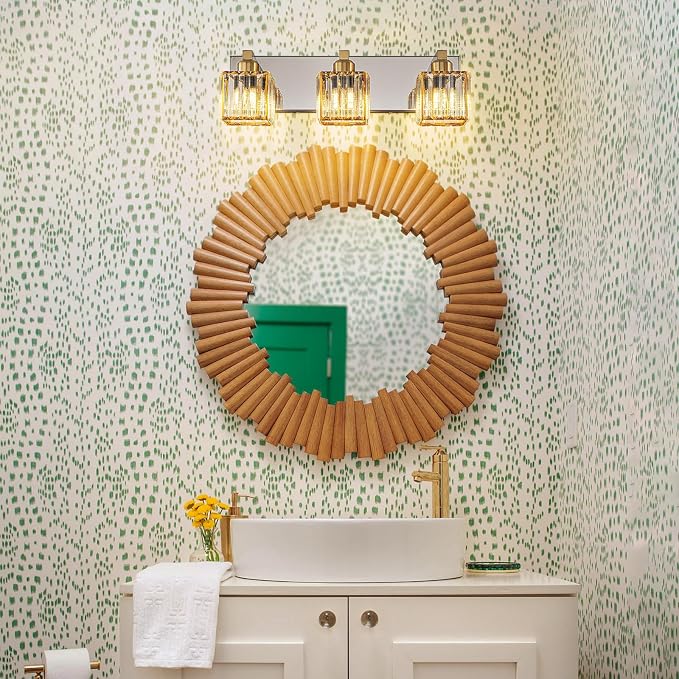 Gold Chrome Crystal Bathroom Light 3-Light Modern Bathroom Vanity Light Fixtures Over Mirror Wall Sconce
