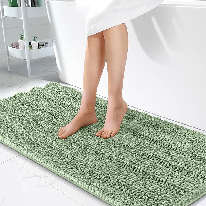 OLANLY Thick Bathroom Runner Rugs 47x24, Chenille Bath Rugs, Sage Green | Absorbent Striped, Rubber Backing, Machine Wash, Long Bath Mats for Bathroom Floor, Tub and Shower, Home Decor Accessories