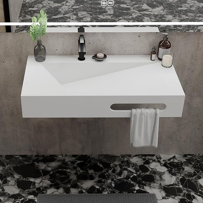 QJ&XY Resin Bathroom Sink 36" Wall Mounted V-Shaped White Basin with Towel Rack, Floating Vanity Sink in Soft-Touch Finish (Single Tier)