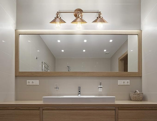 JONATHAN Y 26.5" Brass Gold 3-Light Industrial Farmhouse Metal Vanity Light Wall Sconce, Metal Shade for Bathroom Mirror, Kitchen, Entryway, LED Bulb Included (JYL7431A)