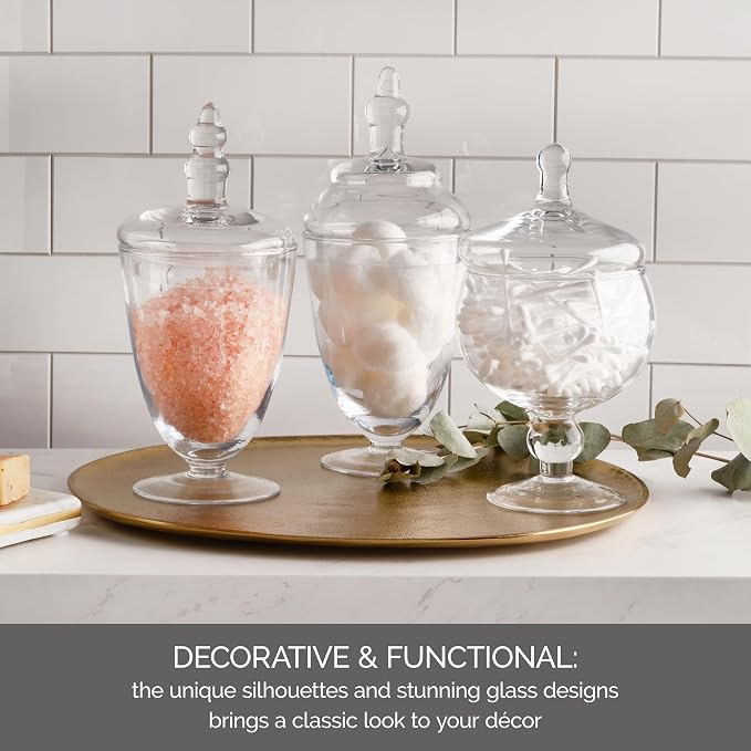 Elements Clear Glass Apothecary Jar Set of 3 with Lids - Decorative Glass Jars for Bathroom, Kitchen, Pantry Storage - Handcrafted, Graduated Heights 10, 9.5, 8.5 In