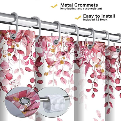 Pink Eucalyptus Shower Curtain, Watercolor Plants Foliage Floral Bathroom Curtains, Cottagecore Botanical Leaves Waterproof Fabric Cloth Shower Curtain Set with Hooks 72X72 Inch