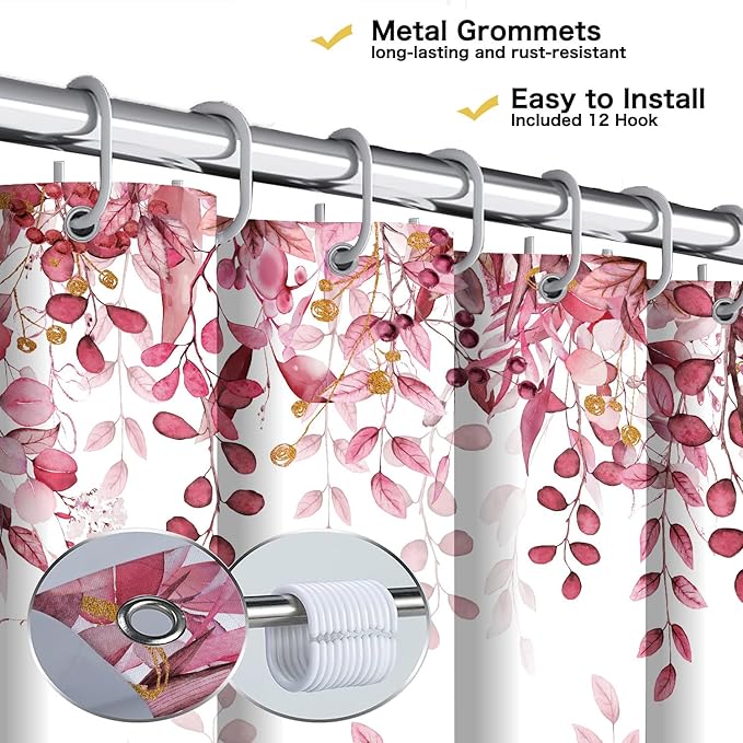 Pink Eucalyptus Shower Curtain, Watercolor Plants Foliage Floral Bathroom Curtains, Cottagecore Botanical Leaves Waterproof Fabric Cloth Shower Curtain Set with Hooks 60X72 Inch