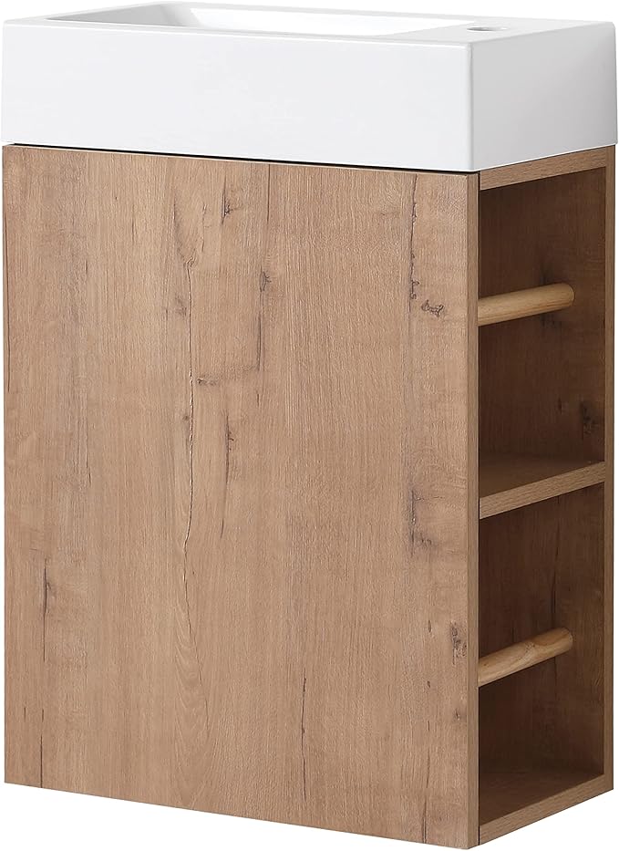 16 Inch Bathroom Vanity with White Sink Combo,Wall-Mounted Bathroom Vanity for Small Space,Modern Floating Bathroom Cabinet with Open Shelves,Brown