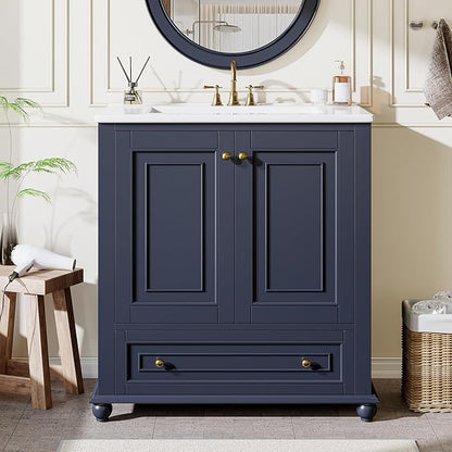 Tribesigns 30" Bathroom Vanity with Ceramic Sink Combo, Freestanding Bathroom Storage Vanity Cabinet with 2 Doors & 1 Drawer, Solid Wooden Frame & Coated Surface, Metal Handle, Navy Blue
