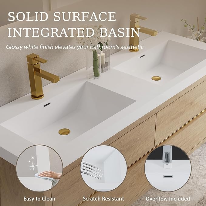 60" Wall-Mounted Bathroom Vanity, Double Sink Floating Cabinet with Stone Resin Countertop & Soft-Close Drawers, Modern Floating Storage Solution,Natural Oak