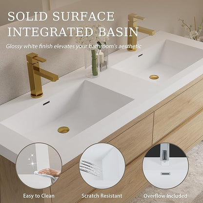 60" Wall-Mounted Bathroom Vanity, Double Sink Floating Cabinet with Stone Resin Countertop & Soft-Close Drawers, Modern Floating Storage Solution,Natural Oak