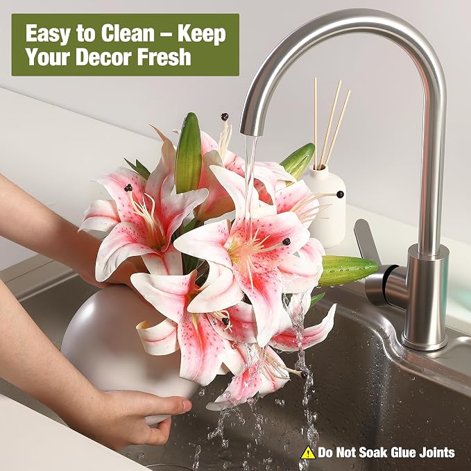 Artificial Lily Flowers with Ceramic Vase, Pink Silk Lily Flower Arrangement, Fake Flowers in Vase Centerpiece, Artificial Floral Arrangement for Table Decor, Shelf, Bathroom, Wedding, Home Decoration