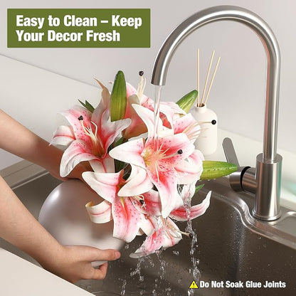 Artificial Lily Flowers with Ceramic Vase, Pink Silk Lily Flower Arrangement, Fake Flowers in Vase Centerpiece, Artificial Floral Arrangement for Table Decor, Shelf, Bathroom, Wedding, Home Decoration