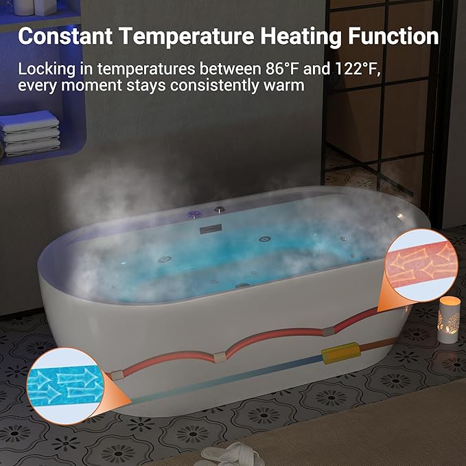 71" Freestanding Whirlpool Tub - Air Bubble & Hydro Jet,Multi-Color LED Mood Lighting & Massage Jets - White Acrylic Soaking Bathtub for Home Spa