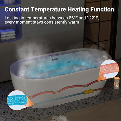 71" Freestanding Whirlpool Tub - Air Bubble & Hydro Jet,Multi-Color LED Mood Lighting & Massage Jets - White Acrylic Soaking Bathtub for Home Spa