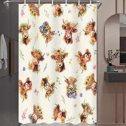 Highland Cow Shower Curtain, Sunflower Floral Wreath Cow Print Farmhouse & Country Style Fun Shower Curtain for Bathroom, Fabric Polyester Bathroom Curtains Set with Hooks, 36X72inch.