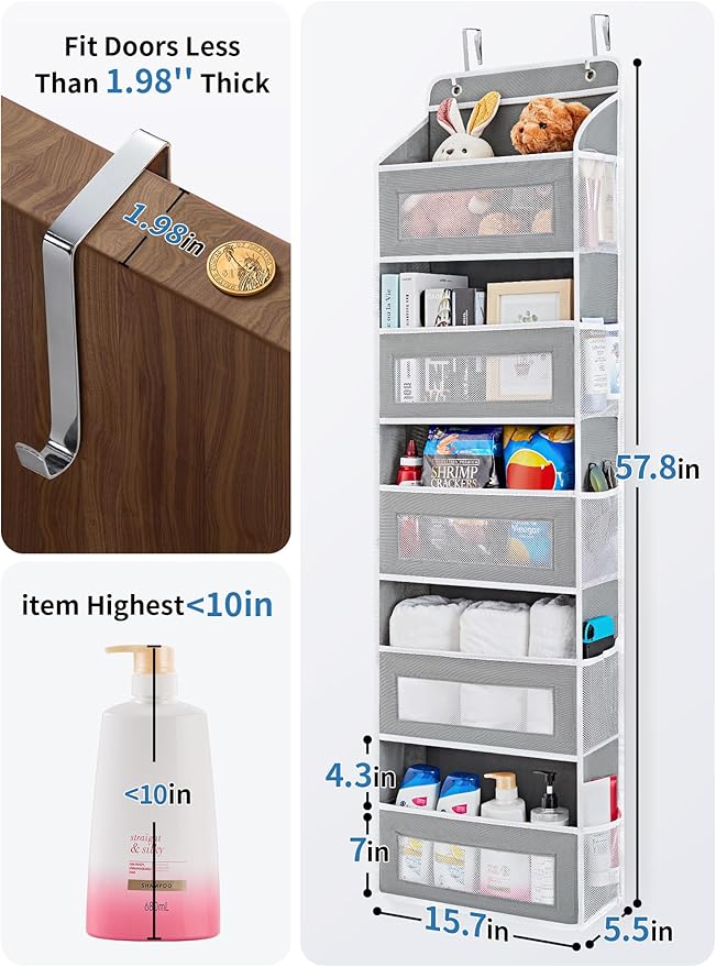 JARLINK Over the Door Organizer for Pantry, Bathroom, 5 Shelf Grey, 2 Pack | Anti-Tilt Design, 44 lb Load Capacity, Hanging Door Organizer with 5 Large Capacity Pockets, Behind Door Storage for Nursery