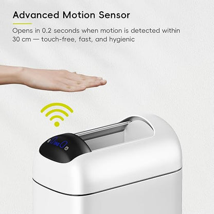 EKO Astro Slim Sensor Trash Can, 10L / 2.6 Gallon Touchless Garbage Bin with Soft-Close Retractable Wing Lid, Motion Sensor Stainless Steel Garbage Can for Bathroom, Kitchen, Office, Waterproof, White