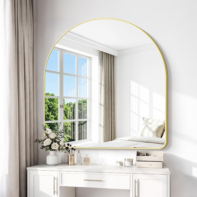 BONEWEI Arched Wall Mirror,42x42 inch Gold Arched Mirror Bathroom,Large Vanity Mirror for Over Sink Metal Frame,Tempered Glass Arch Mirrors for Bedroom,Entryway,Living Room,Home Decor Shatter-Proof