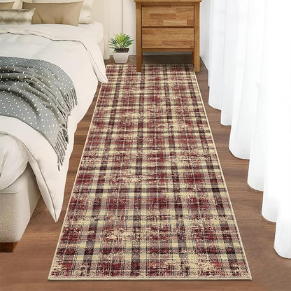 Washable Rugs Runner Rug 2x6 Modern Plaid Area Rug Soft Carpet 2'x6' Red