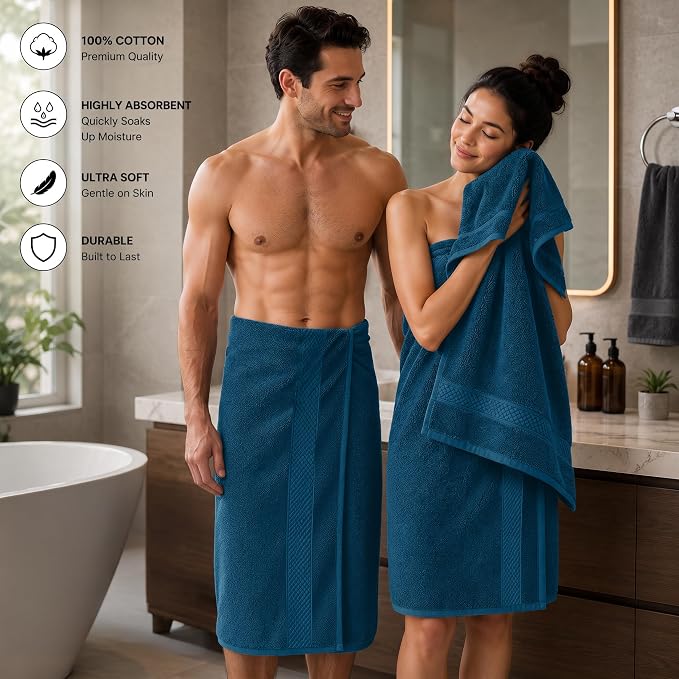 DAN RIVER 600 GSM Cotton Large Bath Towels Set of 4, 27 x 54 Inches, Blue | Larger & Lighter Weight Towels for Bathroom - Highly Absorbent & Quick Dry 100% Cotton Bath Towel Set for Home, Spa & Hotel