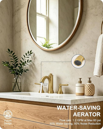 Bathroom Sink Faucet 3 Hole, 8 Inch Gold Bathroom Faucet with Drain | Lead-Free Brass, Widespread 2 Handles, Pre-installed cUPC Supply Hoses, For Rv Lavatory Restroom Vanity, 10 Mins Installation