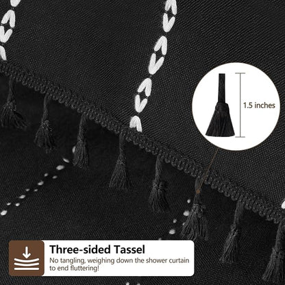 Seenus 72 x 76 inch Extra Long Boho Chic Shower Curtain Heavyweight with Tassels, Soft Linen Textured Fabric Farmhouse Shower Curtain, Elegant Black and White Striped Bathroom Curtain Water Repellent