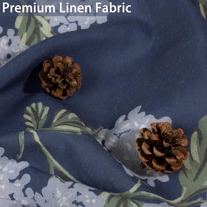 ORTIGIA Linen Textured Ruffle Shower Curtain with Metal Hooks, Vintage Navy Blue Hydrangea Floral Boho Waterproof Bath Curtain for Rustic Farmhouse Bathroom Decor 72x72 Inch