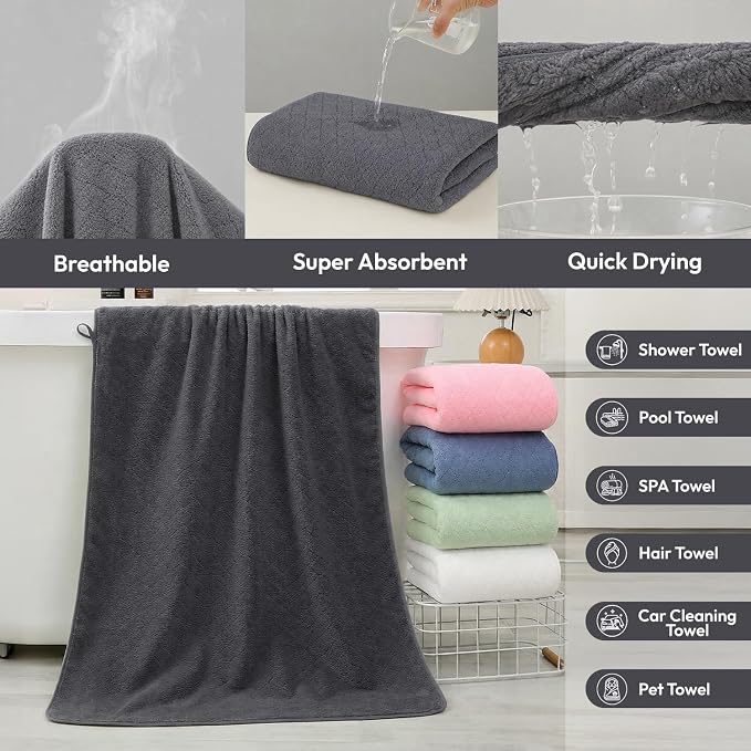 JML Bath Towels with Hanging Loop, 2 Pack, 27x55 in, Microfiber, Dark Gray | Soft, Super Absorbent, Quick Dry, Lint-Free & Fade-Resistant, Lightweight Bathroom Towel for Daily Use