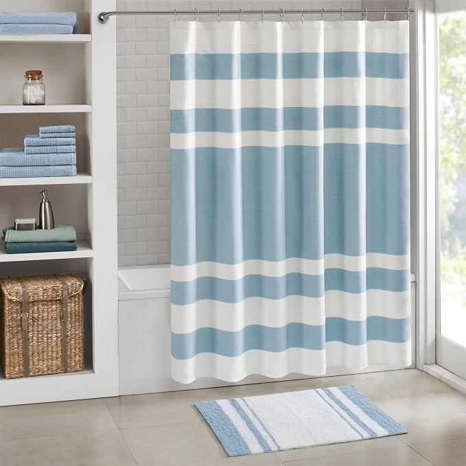 Madison Park Reversible Spa Rug 100%-Cotton Striped Ultra Soft Water Fast Bath Non-Slip Absorbent Quick Dry Mats for Tub, Shower Room, and Bathroom, 20"x30", Blue (MP72-6210) (Pack of 2)