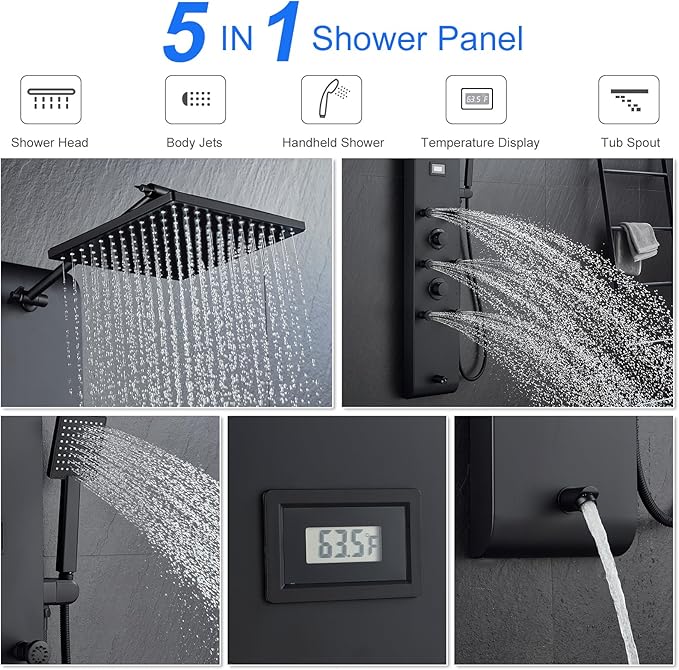 MENATT Stainless Steel Shower Panel Tower System with Height Adjustable Rainfall Shower Head, 4 in 1 Shower Panels with 6 Body Jets, Handheld Shower, Tub Spout, Brushed