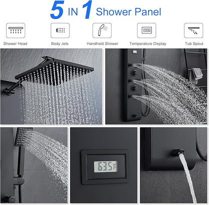 MENATT Stainless Steel Shower Panel Tower System with Height Adjustable Rainfall Shower Head, 4 in 1 Shower Panels with 6 Body Jets, Handheld Shower, Tub Spout, Brushed