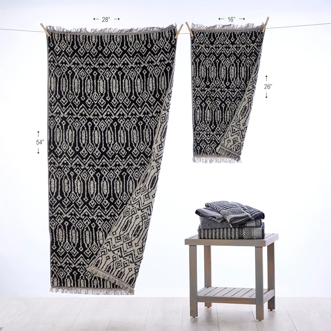 SKL Home Nador Bath Towel, Premium 100% Cotton, Black | 600 GSM weight. Spa-level quality. Soft & absorbent with fringed hem. Reversible jacquard pattern.