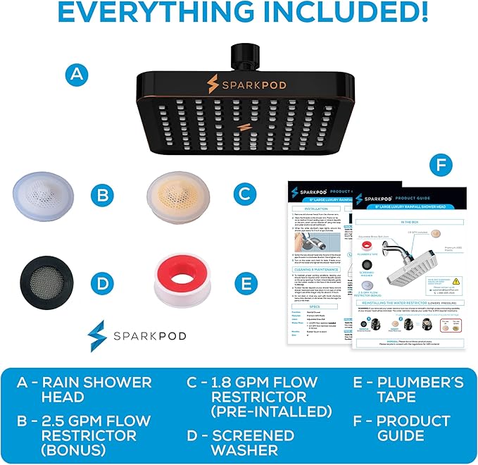SparkPod Rain Shower Head, 6 Inch Square, Vintage Oil-Rubbed Bronze Finish | High Pressure Shower Heads, 90 Nozzles, Adjustable Showerhead, No Tools Needed, Universal Connection