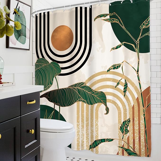Glawry Abstract Mid Century Shower Curtain Green Retro Boho Tropical Palm Tree Sun Arch Bathroom Modern Minimalist Aesthetic 72Wx78L Inches Bath Accessories Art Home Decor Fabric 12 Pack Hooks