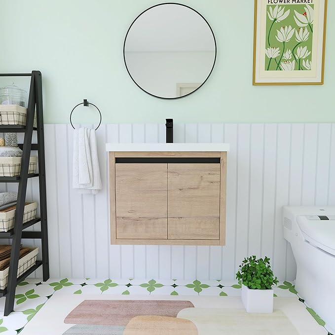 24 Inch Bathroom Vanity with Sink, 24" Floating Vanity, Premium Plywood Wooden Bathroom Cabinet with 2 Doors, Modern Wall Mounted Cabinet Set with White Ceramic Sink, Silent Operation (Oak)
