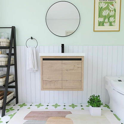 24 Inch Bathroom Vanity with Sink, 24" Floating Vanity, Premium Plywood Wooden Bathroom Cabinet with 2 Doors, Modern Wall Mounted Cabinet Set with White Ceramic Sink, Silent Operation (Oak)