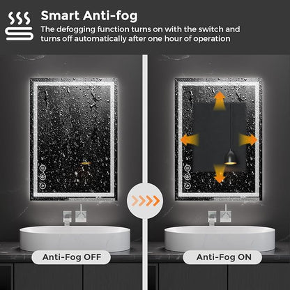 Koonmi 28x20 LED Bathroom Mirror with Light, Anti-Fog, 3 Colors | Backlit + Front Lit, Dimmable Brightness, Shatterproof HD Distortion-Free Tempered Glass, Hardware Included
