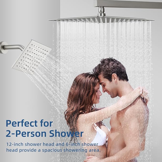 Thermostatic Dual Shower System, Shower Faucet(Brushed Nickel) | 12 Inch Rainfall Shower Head, 6 Inch Wall Mount Head, High Pressure Handheld Sprayer, Push Button Valve