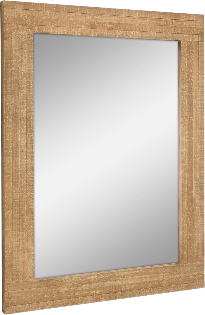 Stonebriar 24" x 18" Rectangle Natural Wood Frame Wall Mirror with Attached Hanging Brackets, Decorative Country Rustic Decor for the Living Room, Bedroom, Bathroom, Hallway, and Entryway