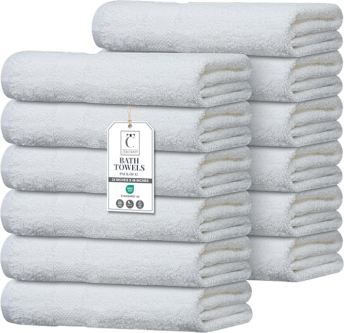 Commercial Bulk Pack of 12 Bath Towels – 100% Cotton Terry 24" x 48" – Ideal for Hotels, Salons, Gyms, Spas & Institutional Use – White