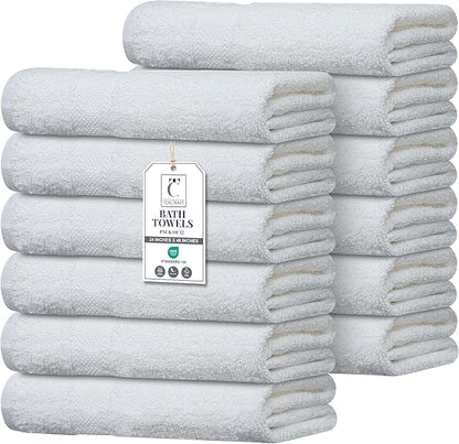 Commercial Bulk Pack of 12 Bath Towels – 100% Cotton Terry 24" x 48" – Ideal for Hotels, Salons, Gyms, Spas & Institutional Use – White